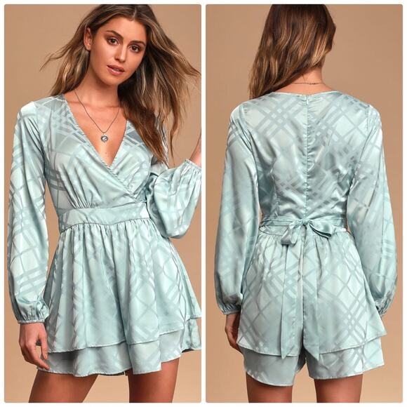 Lulus Pants - Lulu’s Geo My! Mint Blue Embossed Tiered‎ Romper
